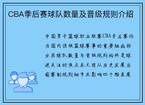 CBA季后赛球队数量及晋级规则介绍